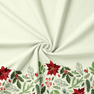 tkanina świąteczna w kolorze ecru z wzorem poinsecji i liści