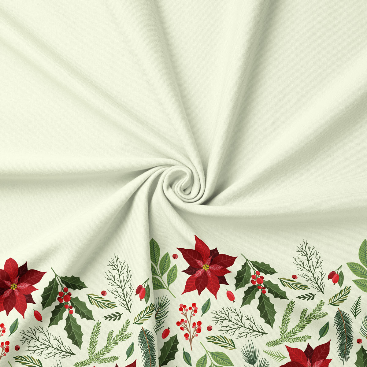 tkanina świąteczna w kolorze ecru z wzorem poinsecji i liści