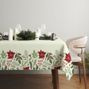 elegancki obrus świąteczny z czerwonymi kwiatami i zielenią