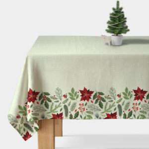 obrus świąteczny ecru z czerwonymi poinsecjami i zielonymi gałązkami