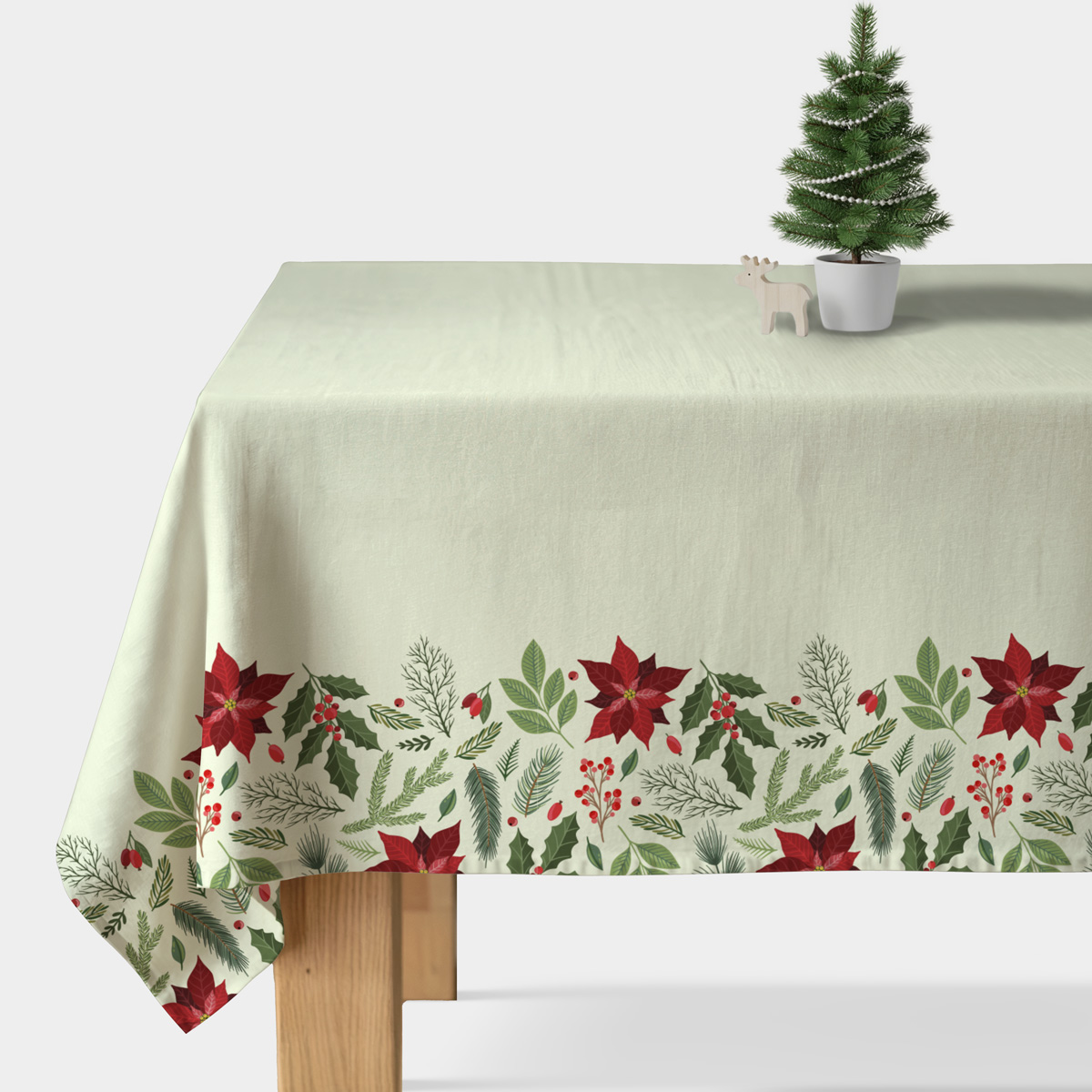 obrus świąteczny ecru z czerwonymi poinsecjami i zielonymi gałązkami