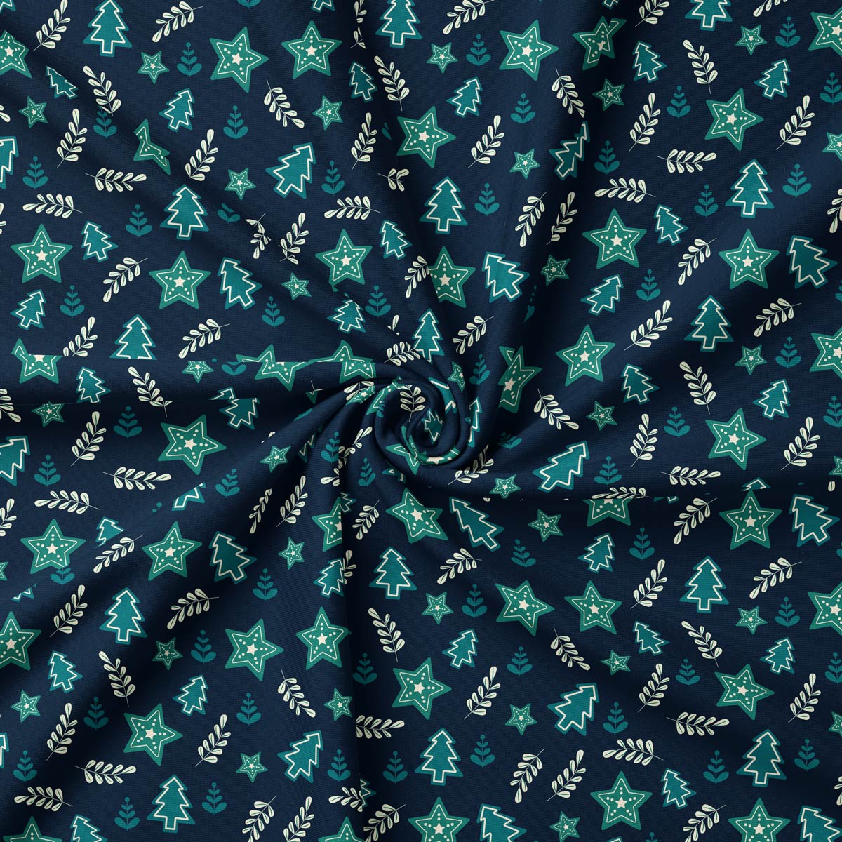 tkanina świąteczna granatowa z choinkami i gwiazdkami