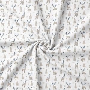 tkanina z beżowymi reniferami i choinkami na jasnym tle