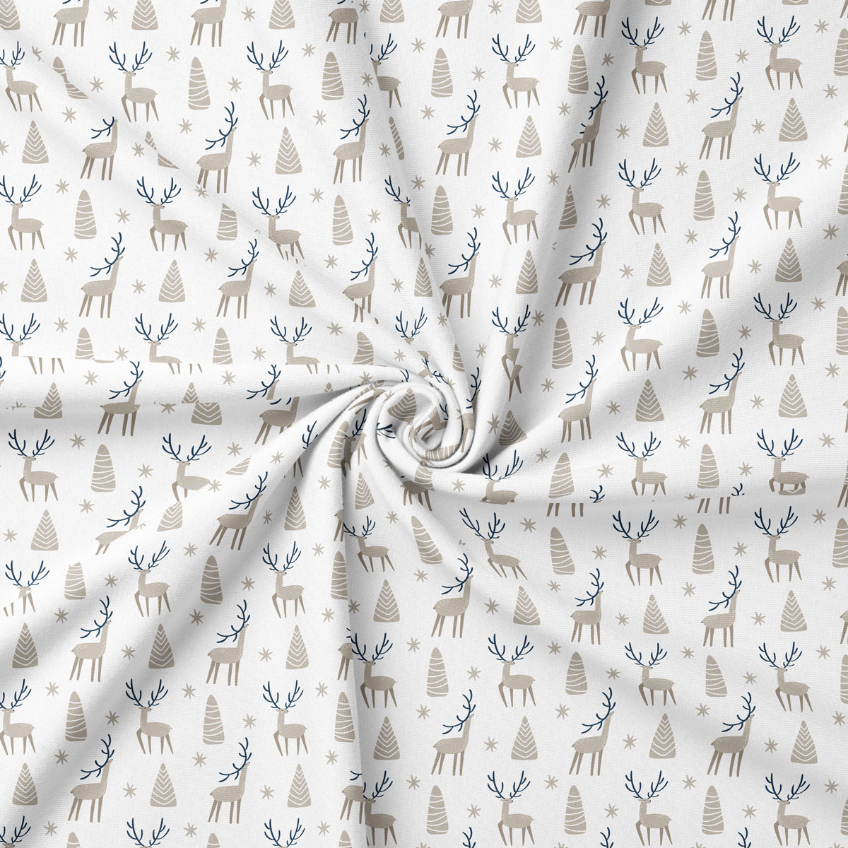 tkanina z beżowymi reniferami i choinkami na jasnym tle
