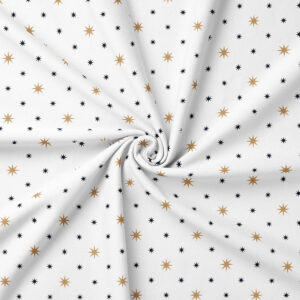 tkanina świąteczna kremowa z drobnymi gwiazdkami w kolorze złotym i granatowym