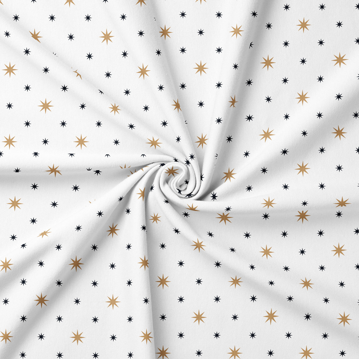 tkanina świąteczna kremowa z drobnymi gwiazdkami w kolorze złotym i granatowym