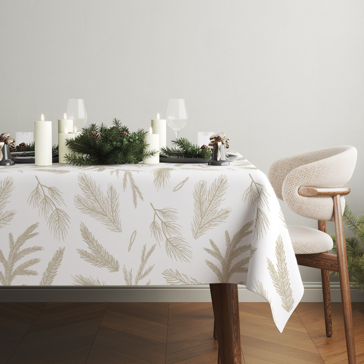 elegancki kremowy obrus świąteczny z naturalnym motywem