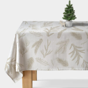 kremowy obrus świąteczny ze złotobeżowym wzorem gałązek
