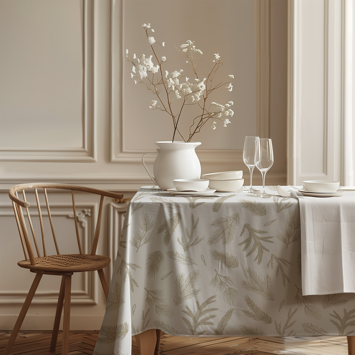 obrus świąteczny kremowy w klasycznej, eleganckiej aranżacji