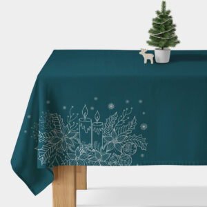 obrus świąteczny morski z białym motywem świec i liści
