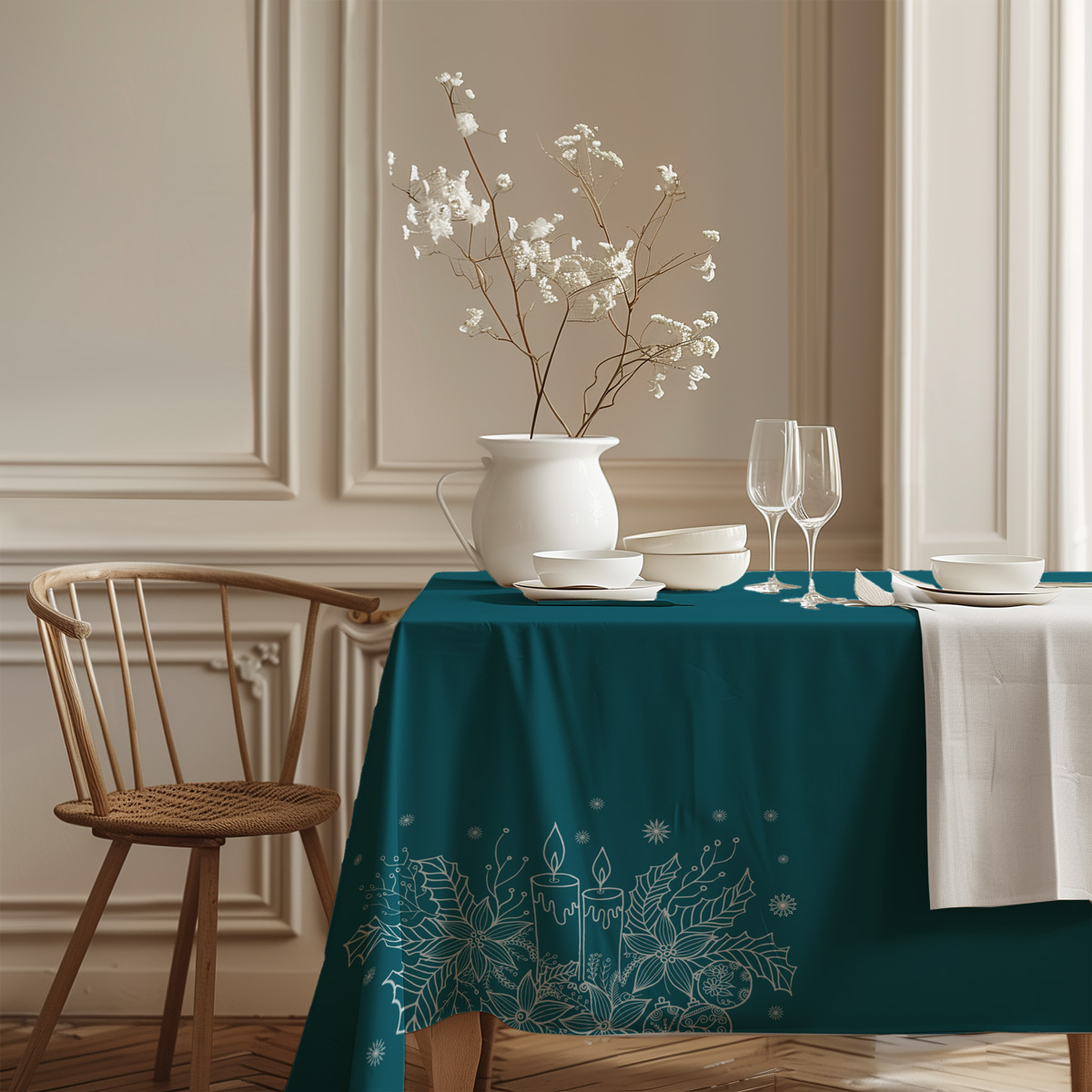 Obrus świąteczny na wymiar – morski z motywem świec i zimowych liści - obrazek 5