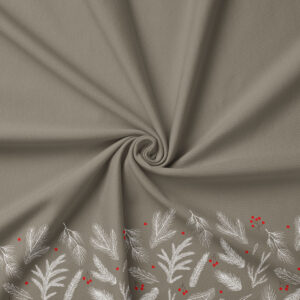 tkanina w kolorze taupe z białym wzorem gałązek i czerwonymi akcentami