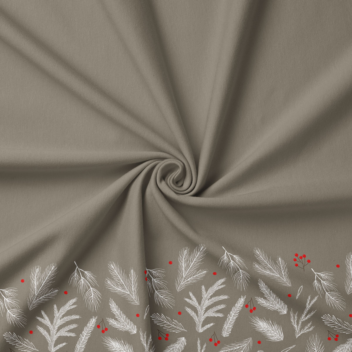 tkanina w kolorze taupe z białym wzorem gałązek i czerwonymi akcentami