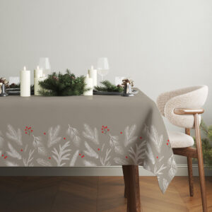 elegancki obrus świąteczny z motywem gałązek i czerwonych jagód