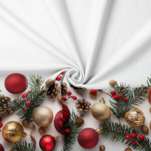 tkanina świąteczna z wzorem bombek, gałązek i szyszek