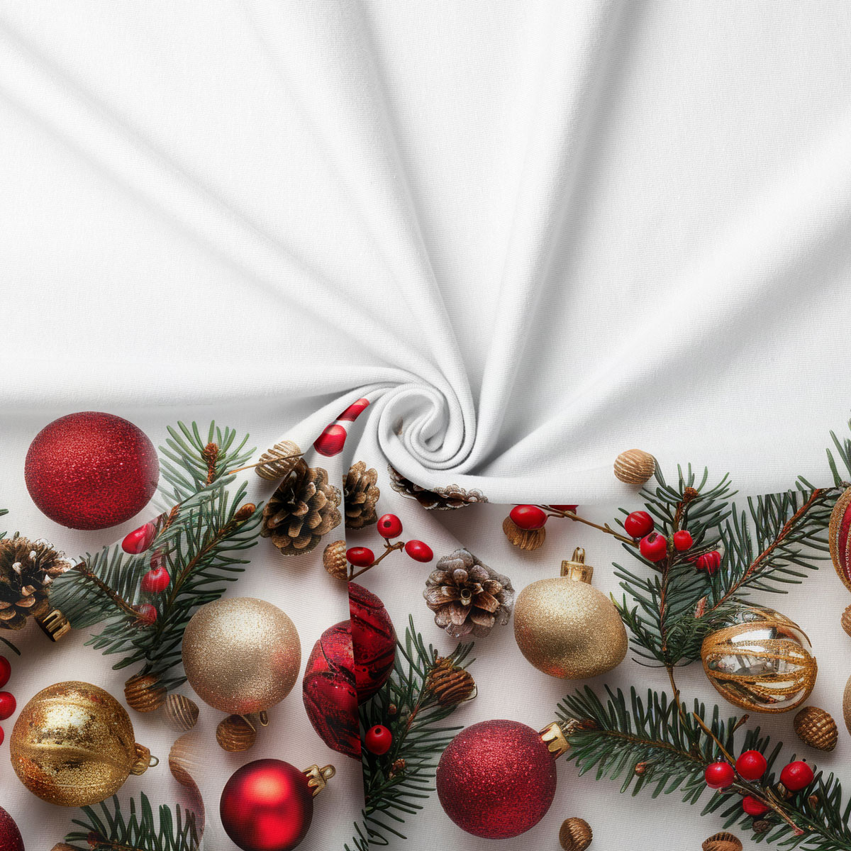 tkanina świąteczna z wzorem bombek, gałązek i szyszek