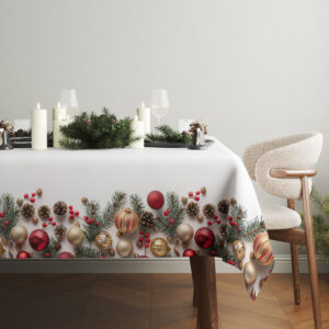 elegancki biały obrus z dekoracją z bombek i gałązek świerku