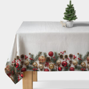 Obrus świąteczny na wymiar – biały z czerwono-złotymi bombkami, szyszkami i zielonymi gałązkami