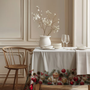 biały obrus na Boże Narodzenie z bogatą dekoracją świąteczną