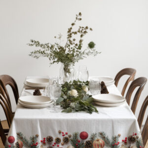 obrus świąteczny z czerwonymi bombkami i naturalnymi dodatkami