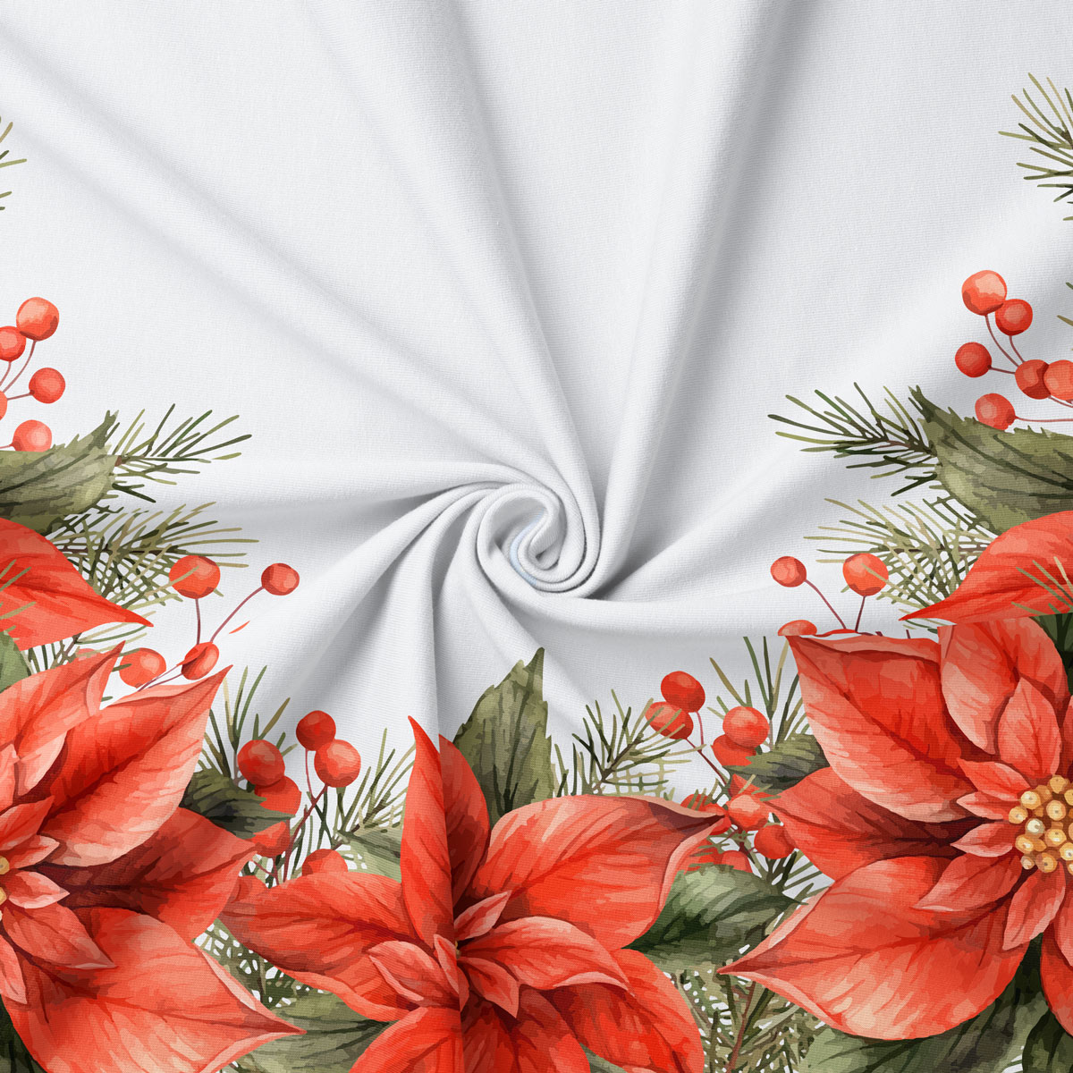 świąteczna tkanina z czerwonymi kwiatami poinsecji i jagodami