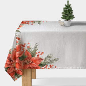 obrus świąteczny biały z czerwonymi poinsecjami i zielonymi gałązkami