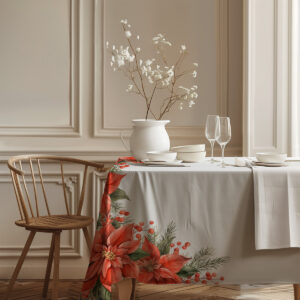 dekoracja stołu na Boże Narodzenie z motywem poinsecji