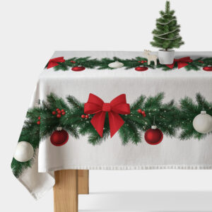 obrus świąteczny biały z girlandą i kokardami