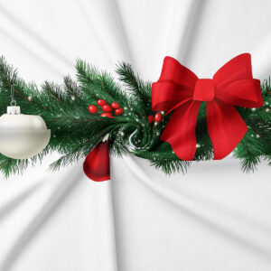 tkanina świąteczna z wzorem zielonej gałązki i czerwonej kokardy