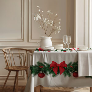 świąteczny obrus na stół z kokardami i bombkami