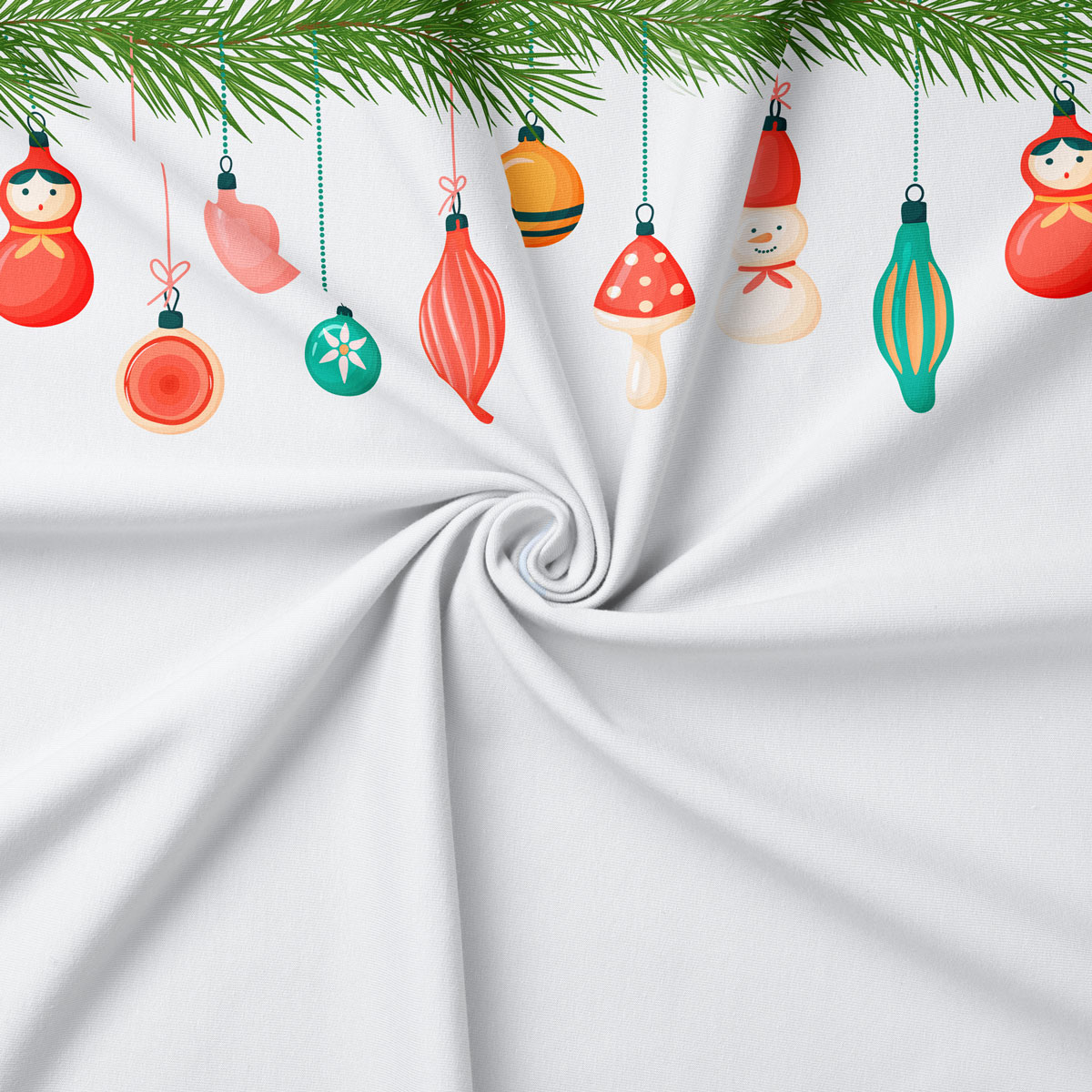 tkanina świąteczna biała z kolorowymi ozdobami i gałązką świerku