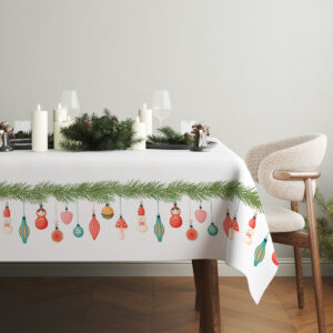 elegancki obrus bożonarodzeniowy z bombkami i gałązkami