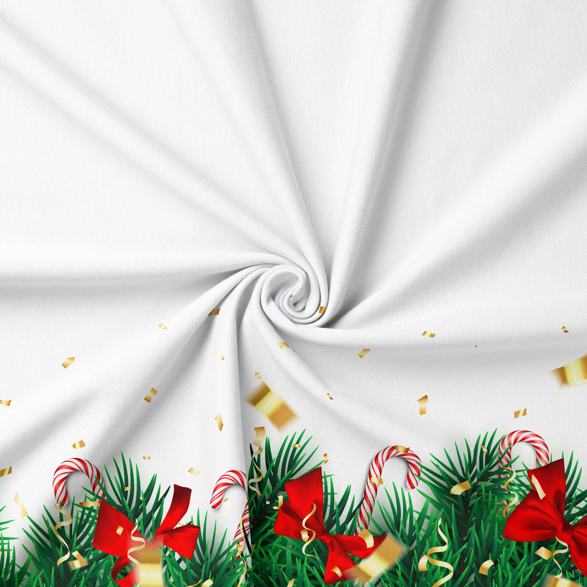 tkanina świąteczna biało-zielona z wzorem gałązek, kokard i konfetti
