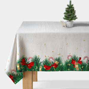 Obrus świąteczny na wymiar – biały z zielonymi gałązkami, czerwonymi kokardami i laskami cukrowymi