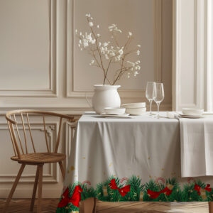elegancki biały obrus świąteczny w bożonarodzeniowe wzory na stole w jadalni