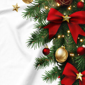 świąteczna tkanina z motywem zielonych gałązek i czerwonych kokard