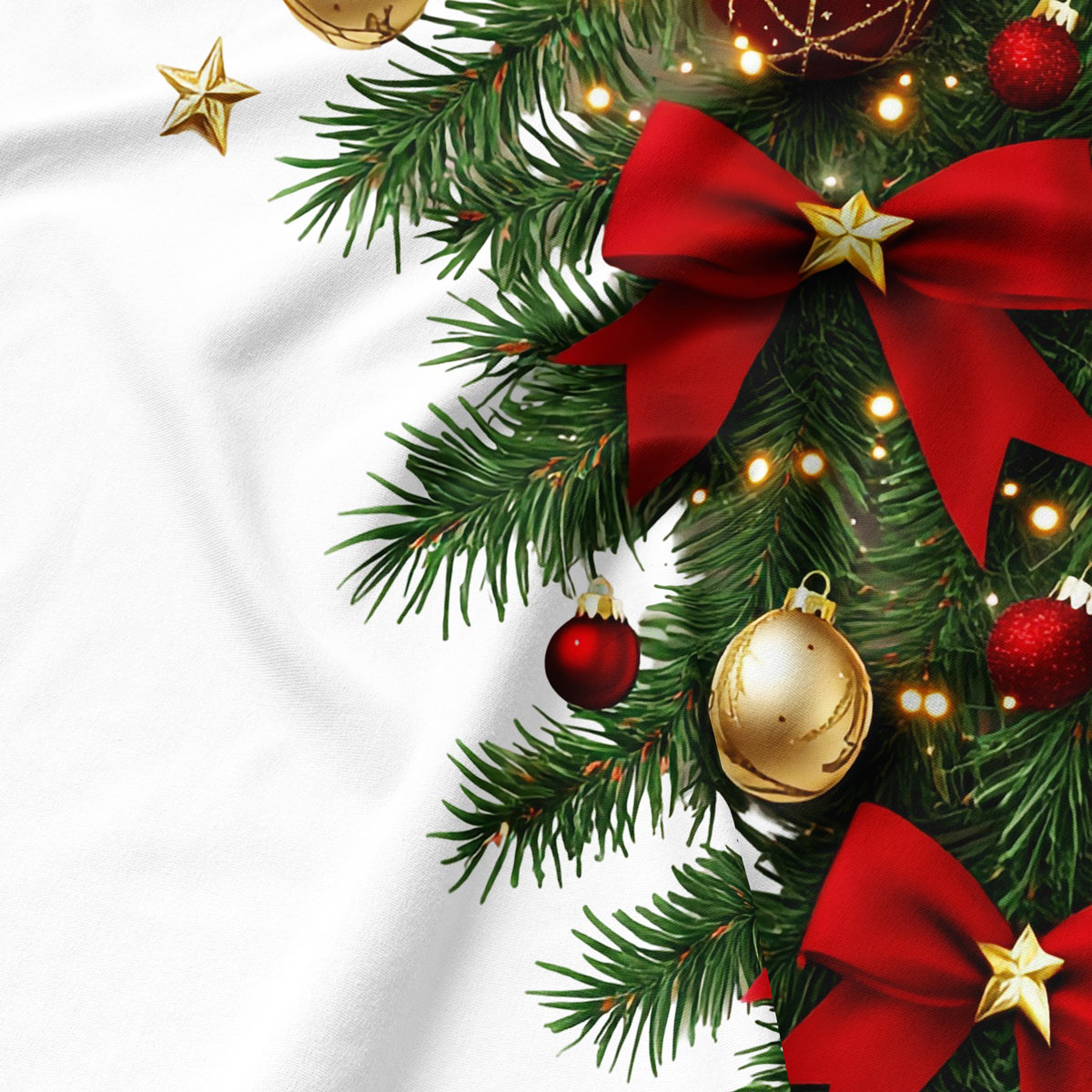 świąteczna tkanina z motywem zielonych gałązek i czerwonych kokard