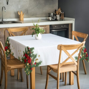 elegancki obrus na Boże Narodzenie z czerwono-złotymi ozdobami