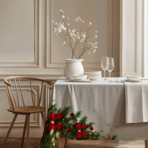 obrus świąteczny z klasycznym wzorem świerkowym i złotymi gwiazdkami