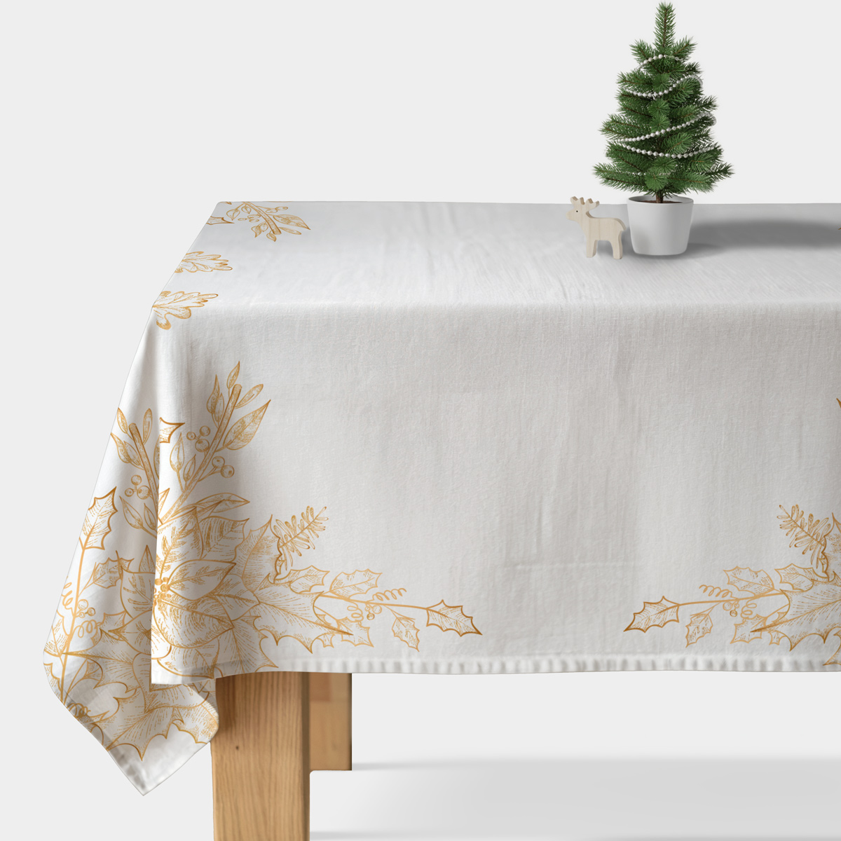 obrus świąteczny biały z eleganckim złotym roślinnym wzorem