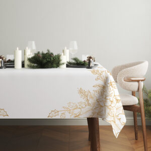 biały obrus na Świąteczny ze złotymi świątecznymi motywami