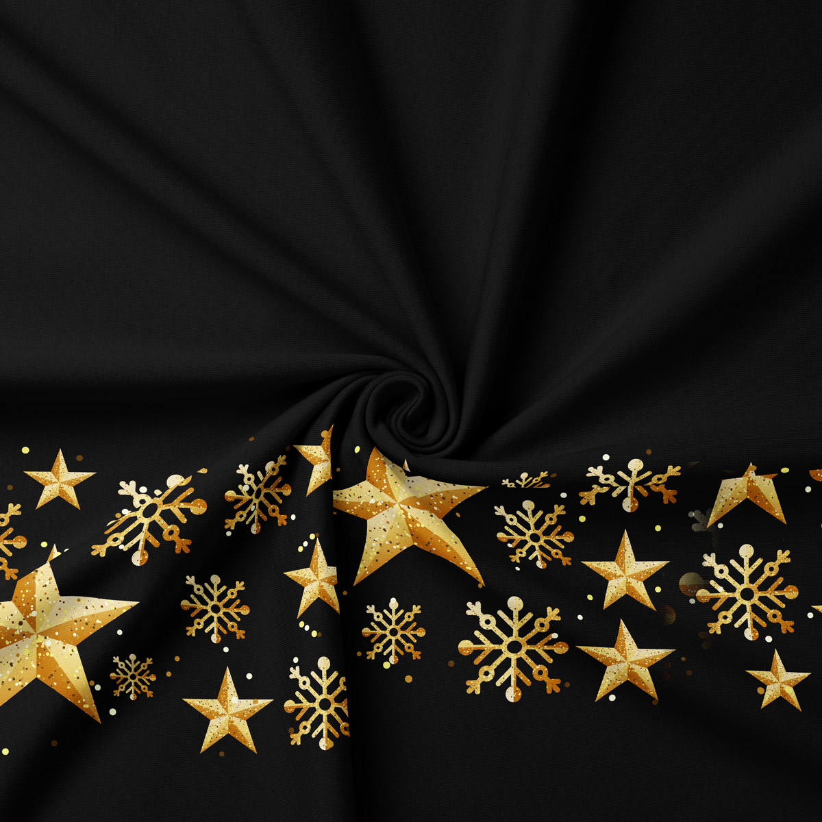 świąteczna tkanina czarna z motywem złotych gwiazd