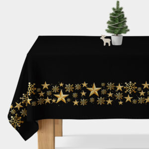 obrus świąteczny czarny z złotymi gwiazdkami i śnieżynkami