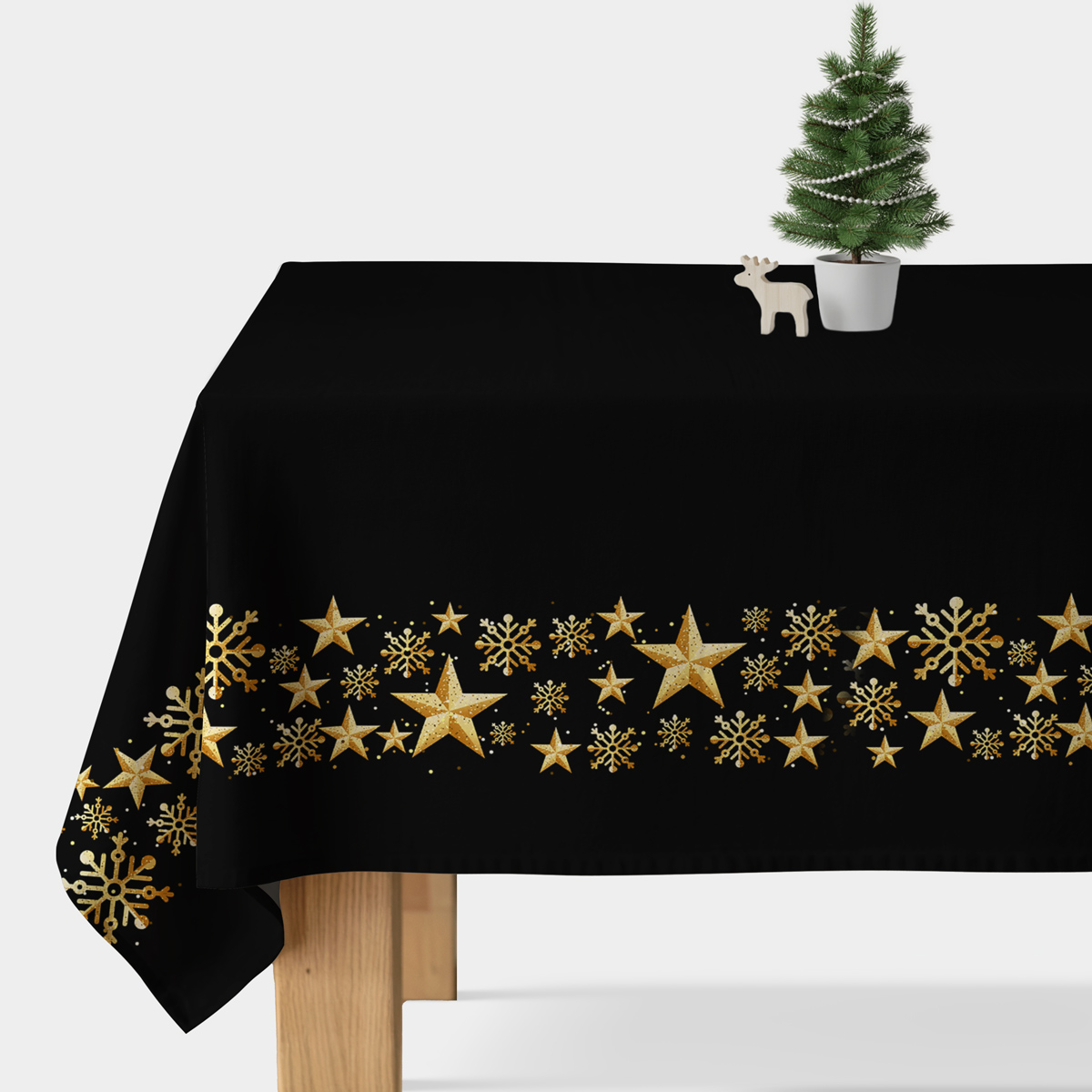 obrus świąteczny czarny z złotymi gwiazdkami i śnieżynkami