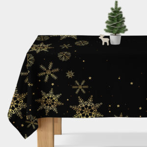 elegancki czarny obrus świąteczny ze złotymi płatkami śniegu na stole