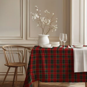 świąteczny obrus w kratę jako dekoracja stołu z zimową aranżacją