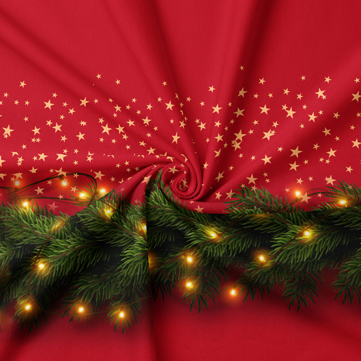 tkanina świąteczna w czerwieni z motywem świerku i lampek