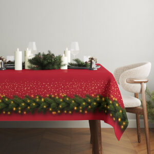 elegancki czerwony obrus bożonarodzeniowy z zieloną girlandą