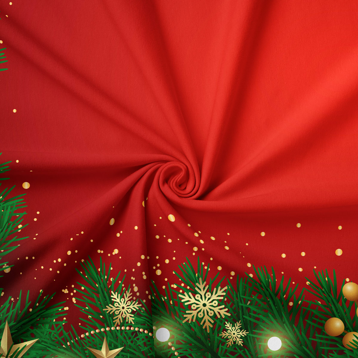 tkanina świąteczna w czerwonym kolorze z motywem gałązek i złotych elementów