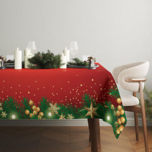 czerwony obrus bożonarodzeniowy z dekoracyjną girlandą z igliwia